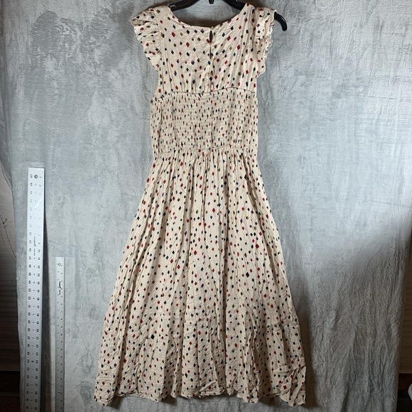 THML Womens Dress S Midi Smocked Geometric Print Ruffle Cap Sleeve Ivory Pockets - Picture 4 of 13